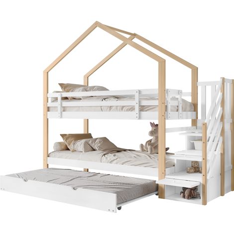 CHICFURN Letto a castello per bambini 90x200 e 90x190 cm in legno bianco con letto estraibile (1/5)