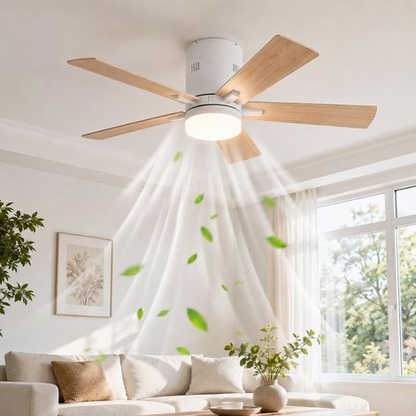 Ventilateur de plafond 42 pouces, 5 pales blanc et bois, LED 3000–6500 K, moteur DC réversible, 6 vitesses, télécommande (1/5)