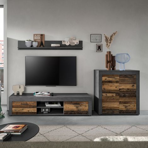Ensemble salon de 3 meubles gris décor en bois brun - JAMO (1/5)
