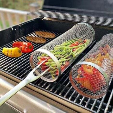 2 paniers à griller en acier inoxydable de 20 cm, cage à griller ronde, tambour rotatif, filet à griller portable