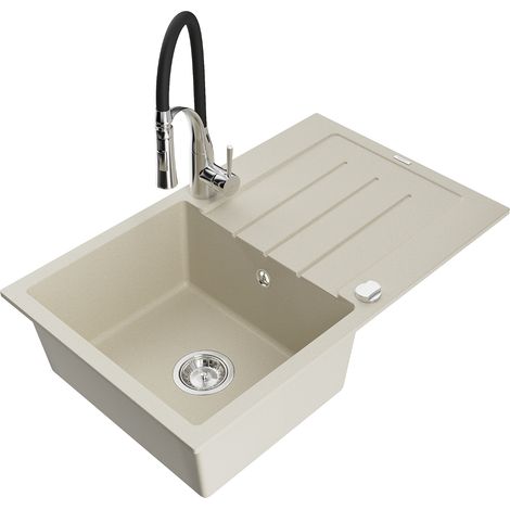 Mexen Bruno lavello da cucina in granito a 1 vasca con gocciolatoio e rubinetto Aster, beige - 6513-69-73450-07 (1/5)