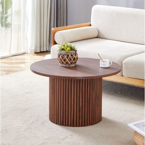Table basse ronde 70 cm pour salon, design cannelé style colonne romaine, structure stable MDF noyer et métal (1/5)