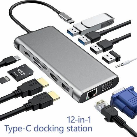 12-in-1 USB-C-Hub – 2 HDMI 4K-Ausgänge – VGA – RJ45-Ethernet – SD/TF-Kartenleser – 4 USB-Anschlüsse – PD-Stromversorgung – Für Laptops (1/5)
