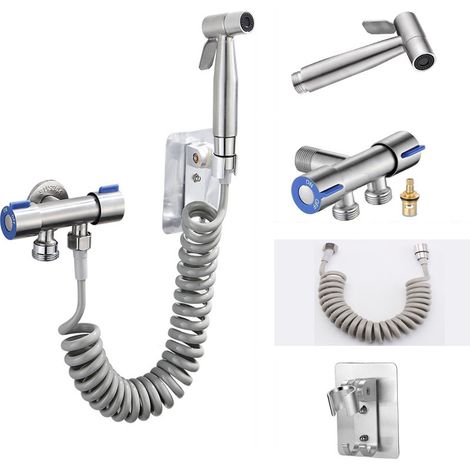 Set di pistola a spruzzo per WC (pistola a spruzzo + tubo flessibile da 1,5 m + base senza foratura + valvola angolare a doppio comando) argento (1/5)