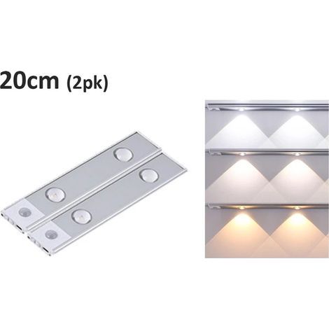 Juego de 2 luces LED inalámbricas con sensor de movimiento, 20 cm, tira de luz para armario, 3 colores entrelazados, foco, funciona con batería recargable, color plata. (1/5)