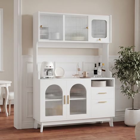 Buffet haut de salle à manger 120 x 40 x 178 cm, rangements à plusieurs niveaux, prise électrique intégrée et ports USB-C et USB-A, blanc (1/5)