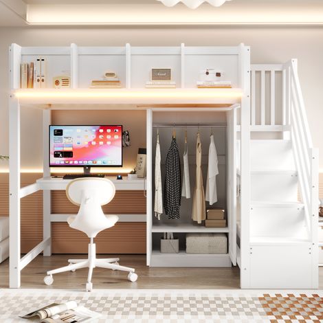 Cama alta multifuncional 252.5x95x170 cm, con escritorio integrado, armario, escalera con almacenaje, madera blanca (1/5)