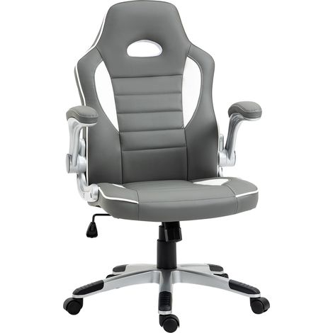 Vinsetto Computer Gaming Chair, Office Desk Swivel Chair, PU Leather Racing Chair with 90° Flip-up Armrest, Adjustable Height and Rolling Wheels, Grey