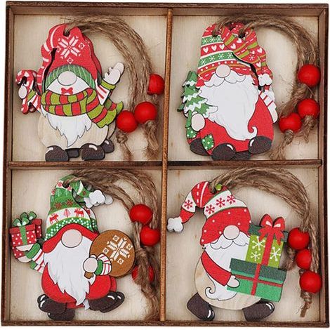Décorations de Noël, 12 pièces pendentif arbre de Noël coloré poupée sans visage breloques mignonnes ornements de vacances à suspendre styles de couple nains de Noël artisanat en bois décoration de fê (1/4)