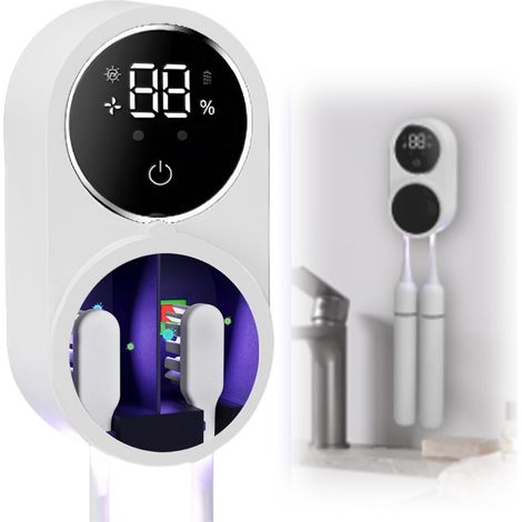 Sterilizzatore UV portaspazzolino con sensore automatico, display LED, disinfezione al 99,9% e asciugatura all'aria, ricaricabile a parete per 2 spazzolini da denti (1/5)