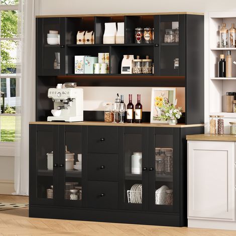 Meuble de cuisine, armoire de rangement haute avec éclairage LED et prises électriques, meuble garde-manger à 6 portes en acrylique et 3 tiroirs, vitrine pour salon et salle à manger, 150 × 40 × 173 c (1/5)