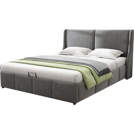 CAIziLit rembourré, forme d'oreilles, tête de lit coussin, lit double, lit fonctionnel hydraulique, 140 x 200, gris (1/5)