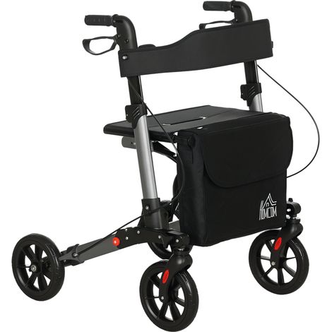 Déambulateur pliable réglable, 4 roues, aluminium, noir, selle, double freins, sac rangement, aide à la marche pour personnes âgées
