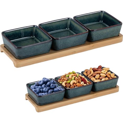 Lot de 3 bols à sauce, avec planche en bois, 150 ml, en céramique, pour sauces, tapas, collations et accompagnements, carrés, bleu jean (1/5)