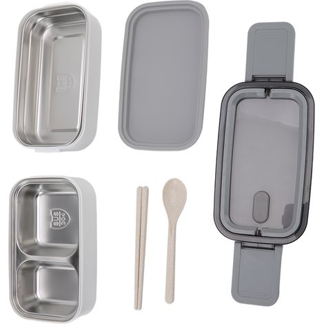 Bento-Box aus Edelstahl 304, mikrowellengeeignet, mit Essstäbchen und Löffel, doppelwandiger Lunchbehälter für Erwachsene, drei Fächer (1/5)