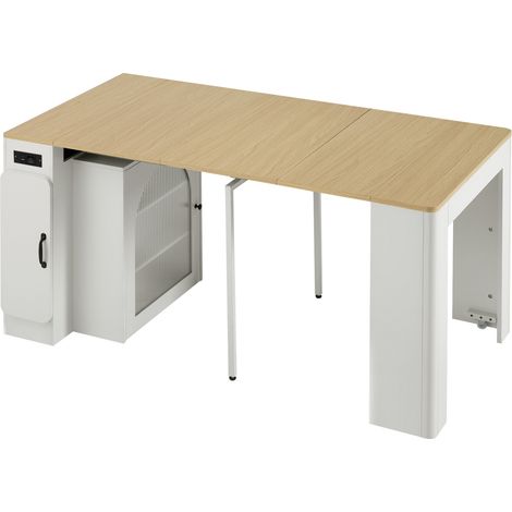 Isla de cocina extensible con ruedas, tablero extraíble, blanco natural (1/5)