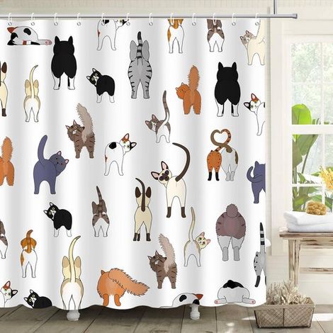 Tenda da doccia con divertente motivo a gatti – 180 x 180 cm, impermeabile, lavabile, con 12 ganci