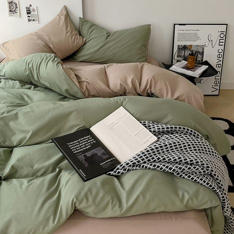 Parure de Lit en Coton Lavé Uni Classe A - Ultra Doux - Ensemble 4 Pièces avec Housse de Couette 200x230 cm et Drap Plat 180 cm - Vert Haricot Kaki-lsw