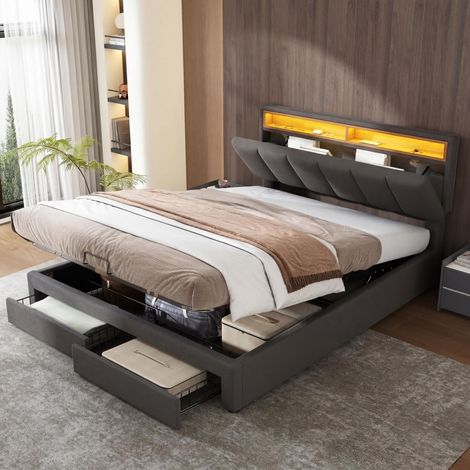 Polsterbett 140 x 190 cm mit Bettkasten, LED-Beleuchtung, Kopfteil und 2 Schubladen – Bezug aus Leinenstoff – Grau