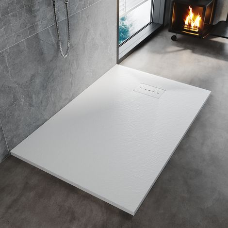 ELEGANT Low Profile Shower Tray White Anti Slip Shower Tray Rectangular Slate Effect Shower Base Tray 1200 x 900 x 30 mm with Free Waste Trap, Slate Drain Cover