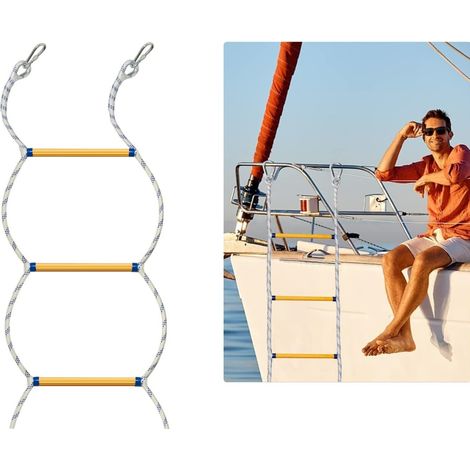 Échelle de corde de bateau en résine, échelle d'embarquement pour yacht et jet-ski, corde blanche à points bleus, 3 marches, 1 m (1/5)