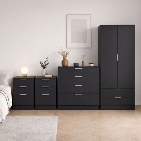 Trega 4pc Bedroom Furniture Set – 2x 3 Drawer Bedside, 4 Drawer Chest & 2 Door Wardrobe, Black