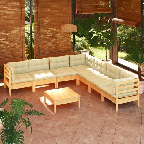 8-tlg. Garten-Lounge-Set mit Creme Kissen Massivholz Kiefer (1/5)