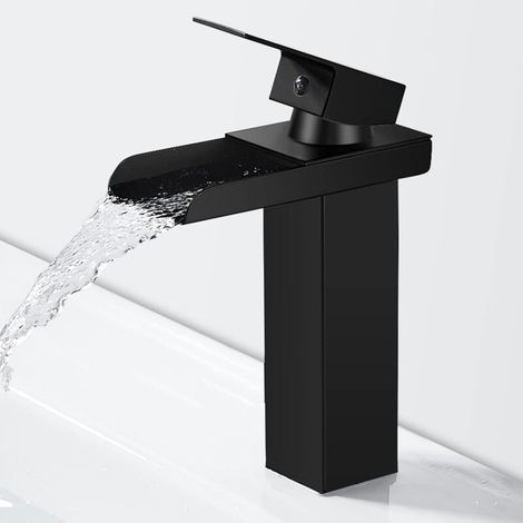 Robinet de salle de bain cascade noir moderne, robinet de lavabo cascade, robinet de lavabo avec bec de hauteur 140mama, robinet de salle de bain en laiton, eau chaude et froide disponible, (1/4)