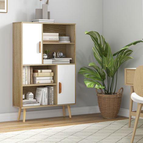 Bibliothèque scandinave 4 compartiments + 2 armoires avec tablette dim. 80L x 24l x 123H cm Pieds inclinés effilés Bois massif chêne (1/5)
