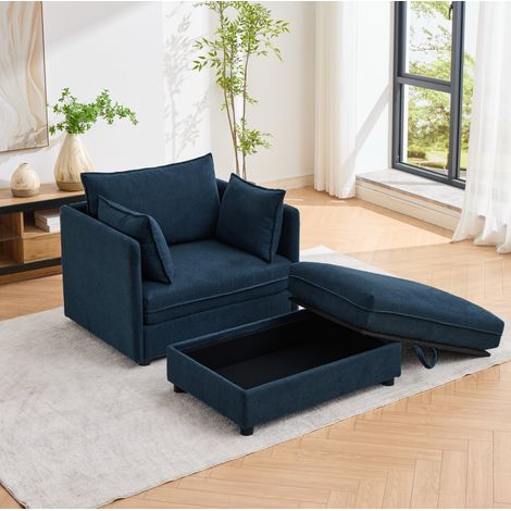 Sofá individual con reposapiés con almacenaje de terciopelo azul OKWISH (1/5)