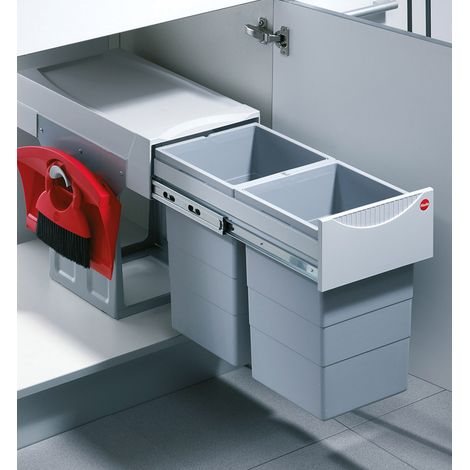 Poubelle de cuisine tri sélectif 2 bacs encastrable 30L (15+15) Hailo Tandem + Balayette
