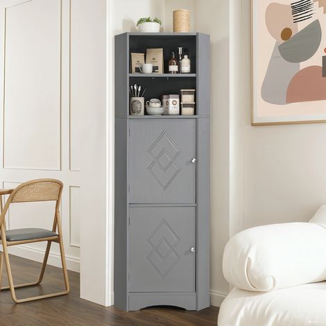 Meuble d'angle salle de bain 36,5 x 36,5 x 155 cm 2 compartiments rangement étagères réglables gris clair