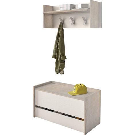 Dmora - Eingangsmöbel Brionia, moderne Eingangshalle mit Kleiderbügel, Möbel mit Schuhregal, Multifunktionsschrank, cm 50x32h182, Eiche und Weiß, mit verstärkter Verpackung