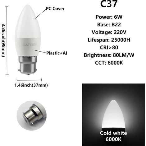 (C37 6W B22 6000K) Lot de 10 ampoules LED, adaptées à la décoration intérieure, au bureau et à la salle de bain. (1/4)