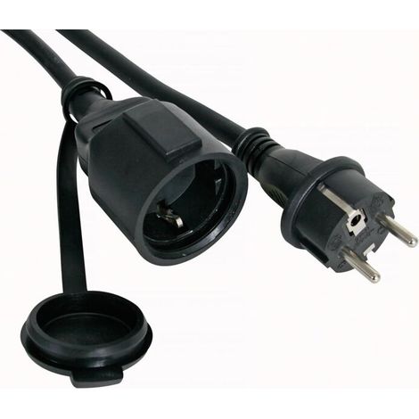Rallonge électrique H05RR-F 3G1.5 de 5 mètres, 16A 230V 3680W, prise type E/F Schuko, indice de protection IP44, en caoutchouc noir, fixation murale incluse (1/4)
