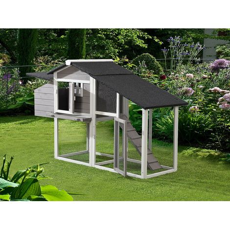 Poulailler en bois avec enclos - 4 poules - L. 173 x P. 64 x H. 108 cm - Blanc et gris - LEVAS