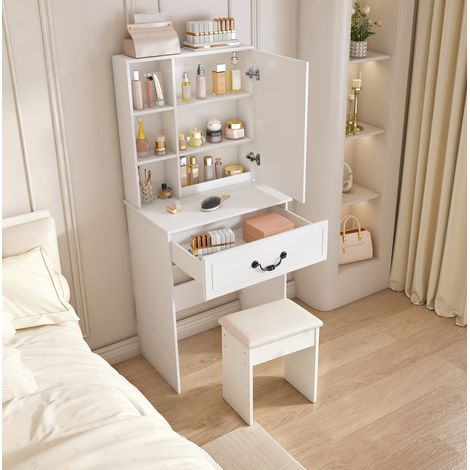 Schminktisch 60/131,5/36 cm Weiß mit LED, Spiegel und gepolstertem Hocker (1/5)
