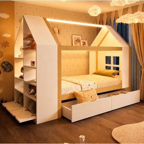 Kinder-Hausbett 90x200 cm aus weißem Holz, LED und Stauraum, für das Zimmer, ohne Matratze – MEUBLIV (1/5)