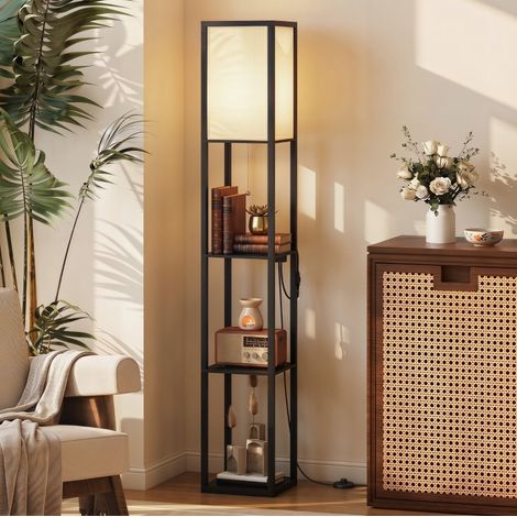 LED-Stehlampe mit Regalen, dimmbar, USB, Steckdosen, schwarz OKMYHOME (1/5)