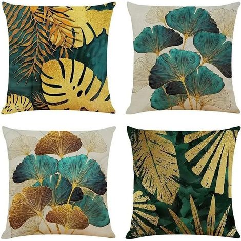 Housse de coussin - Décoratif - Lot de 4 - 45x45 cm - Pétrole et Or - Design Contemporain (1/5)