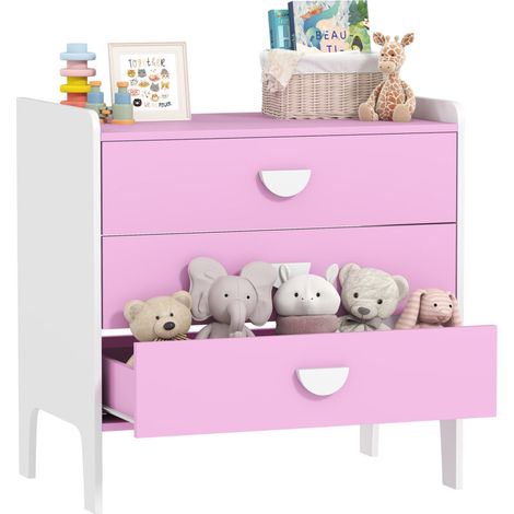 Commode enfant 3 tiroirs en MDF, rangement chambre bébé, coloris rose et blanc