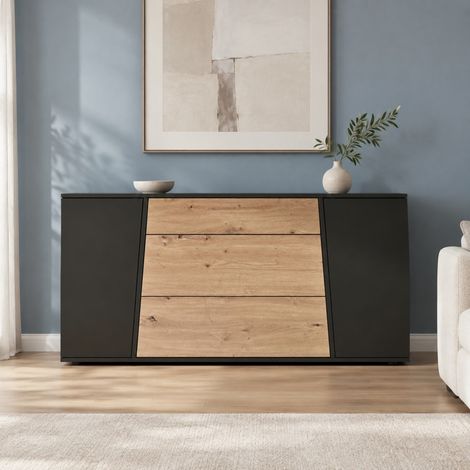 Aparador 140/35/70 cm negro y efecto madera con 3 cajones y 2 puertas (1/5)