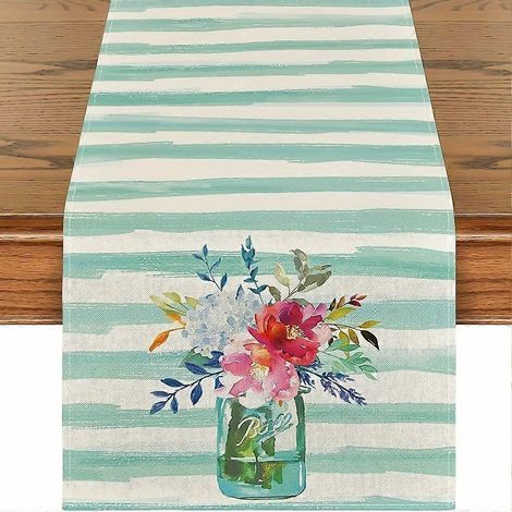 Chemin de table motif vase d'eau, décoration de cuisine estivale, 180 x 32 cm (1/4)