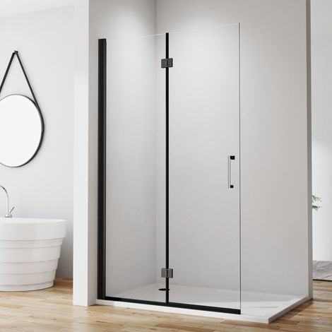 Schwarzer Walk in Duschwand 90x195 cm Walk in Duschabtrennung Faltbar Duschwand für Dusche Faltwand Drehfalttür Dusche Duschtrennwand Glaswand, 6mm Nano Beschichtung ESG-Sicherheitsglas