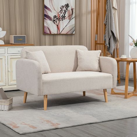HOMCOM Sofa 2 Sitzer Couch mit 2 Wurfkissen, Kleine Loveseat mit Samtopik Modern Polstersofa für Wohnzimmer, Schlafzimmer, kleinen Raum, Creme 130 x 70 x 80 cm