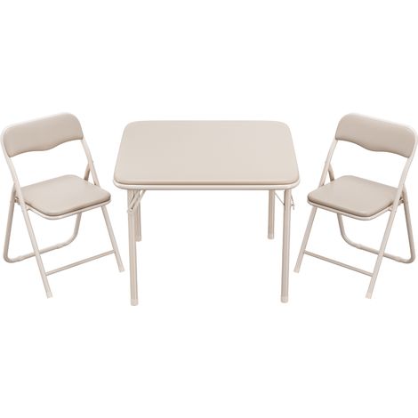 Ensemble pliable 3 pièces pour enfants – Table carrée et 2 chaises rembourrées PU – Structure métal robuste – Confortable, portable – Crèche, classe, maison – Couleur : Beige