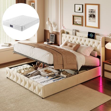 Bettkasten 140x200 cm – Erwachsenenbett 140x200 cm – mit LED-Beleuchtung – USB-Ladefunktion – Doppelbett aus Samt – Lattenrost – Jugendbett – Beige (mit Matratze)