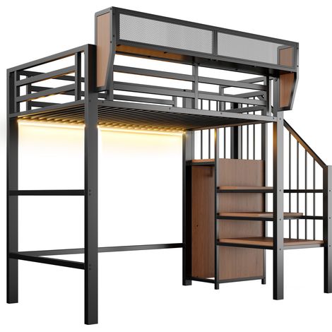 Lit mezzanine 90 x 200 cm en métal noir avec bande LED, échelle de sécurité et étagère modulable (1/5)