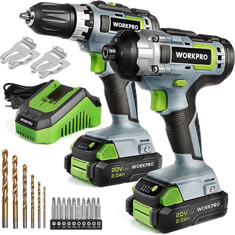 Workpro – Perceuse-visseuse sans fil 20V – 2 batteries 2.0Ah – Mandrin auto-bloquant 10mm – Visseuse à choc 130Nm pour bois et métal