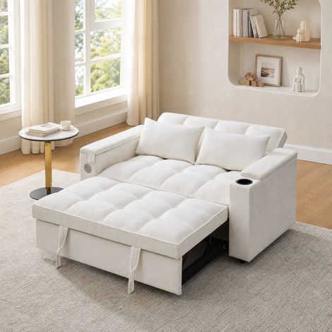 Divano letto 140.5x74x82 cm, schienale regolabile, porte USB e Type-C, tavolino nascosto, tessuto beige (1/5)